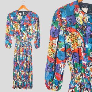 Diane Freis Womens Vintage Dress Size Small Multicolored Elastic Waist Pleated S